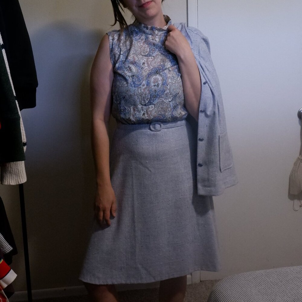 Vintage 70s Blue Paisley Dress Set with Jacket and Belt